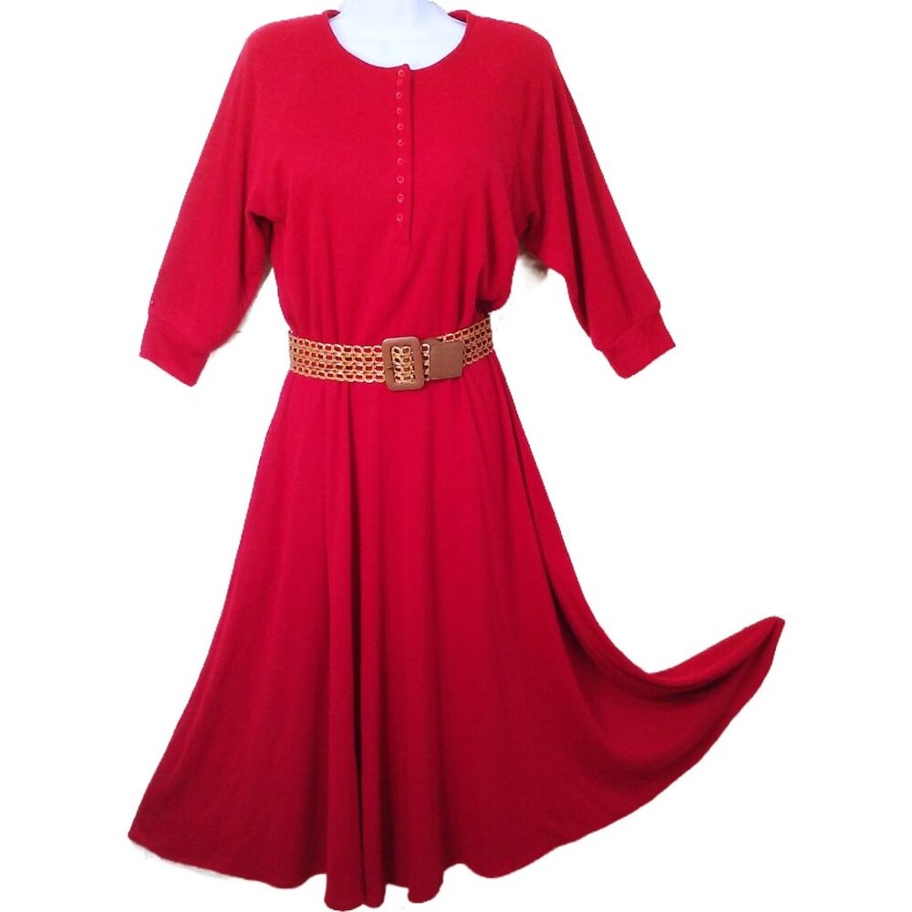 Vintage 80s Walden Classics Knit Shirtwaist Dress (12) Pockets Crew-Buttonup Red